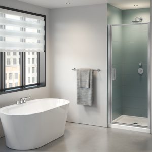 Elera Single pivot door, 5/16" (8 mm) glass, 79" H Brushed Nickel Shower Door