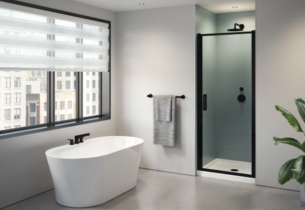 Elera Single pivot door, 5/16" (8 mm) glass, 79" H Matte Black Shower Door