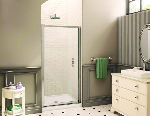 Montreal Single pivot door, 5/32" (4 mm) glass, 65" H Chrome Shower Door