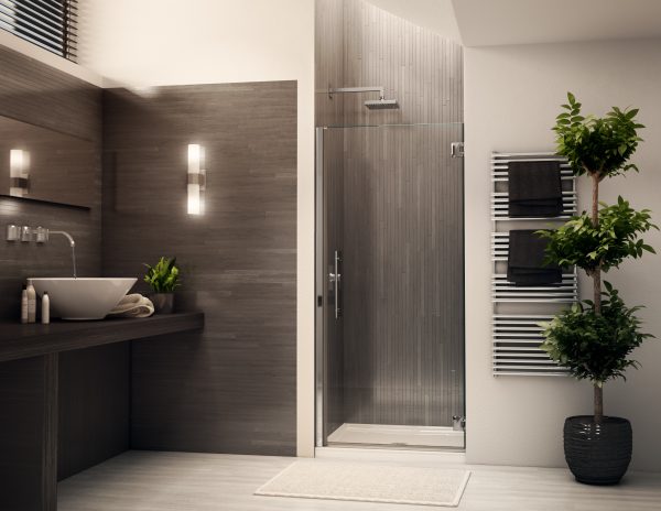 Select Kara   Single pivot door, 1/4" (6 mm) glass, 70" H Chrome  Shower Door