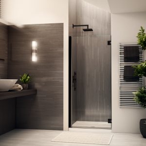 Select Kara   Single pivot door, 1/4" (6 mm) glass, 70" H Matte Black Shower Door